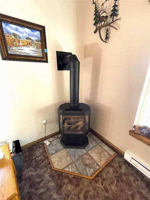 room details with a wood stove and baseboard heating