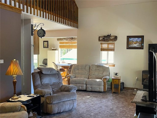 carpeted living room featuring a wood stove