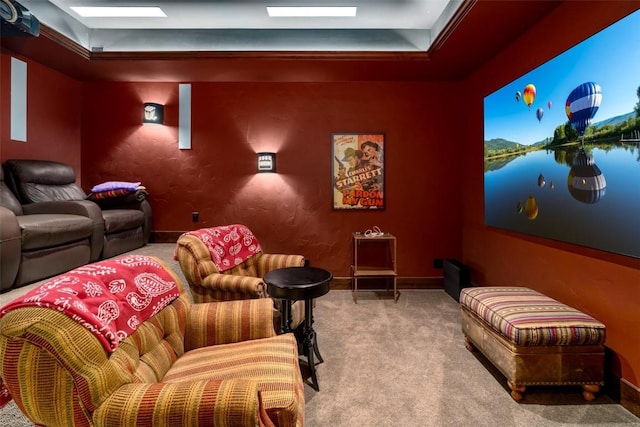 carpeted cinema room featuring a raised ceiling