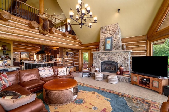 living room featuring rustic walls, a stone fireplace, high vaulted ceiling, plenty of natural light, and a chandelier