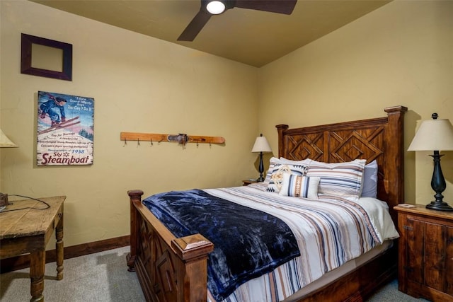 bedroom featuring ceiling fan and light colored carpet