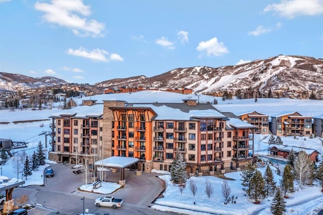 snowy aerial view with a mountain view