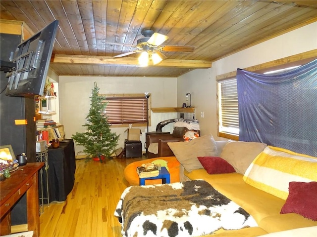 bedroom featuring light hardwood / wood-style flooring and wooden ceiling