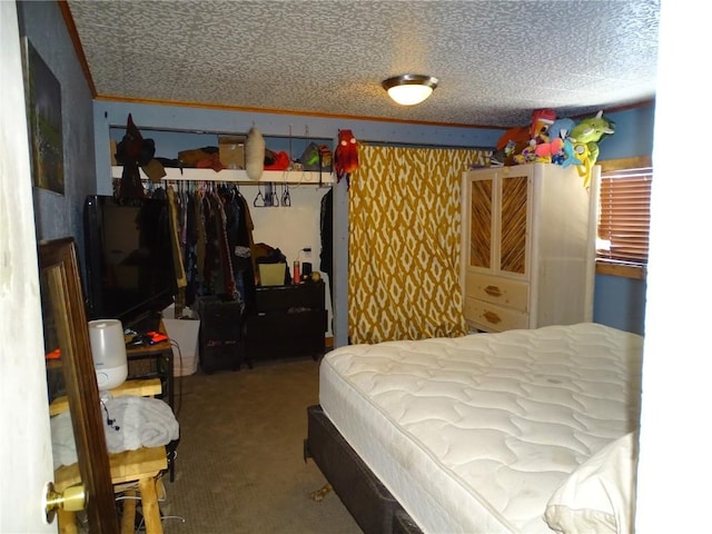 bedroom with carpet, a textured ceiling, and a closet