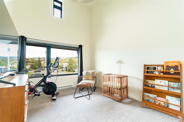 exercise area featuring a healthy amount of sunlight and light carpet