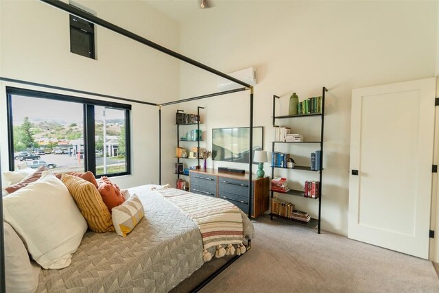 bedroom with light colored carpet