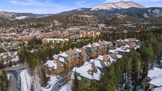 snowy aerial view featuring a mountain view