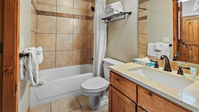 full bathroom with vanity, shower / tub combo with curtain, tile patterned floors, and toilet