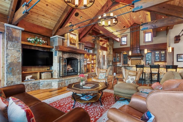 living room featuring beam ceiling, wooden ceiling, high vaulted ceiling, hardwood / wood-style floors, and a fireplace