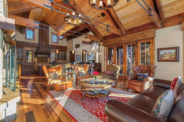 living room featuring hardwood / wood-style flooring, beam ceiling, wooden ceiling, and high vaulted ceiling