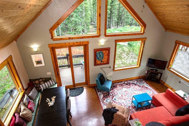 living room with wood ceiling, plenty of natural light, and high vaulted ceiling