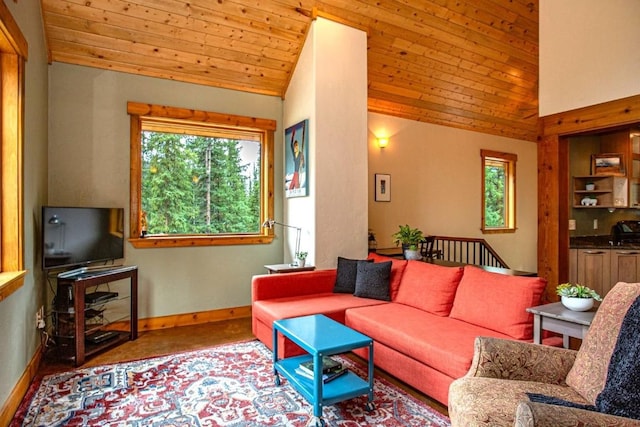 living room with lofted ceiling and wood ceiling