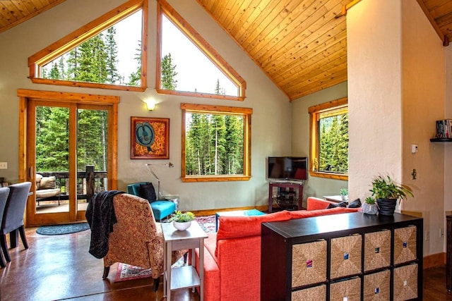 living room featuring high vaulted ceiling and wooden ceiling