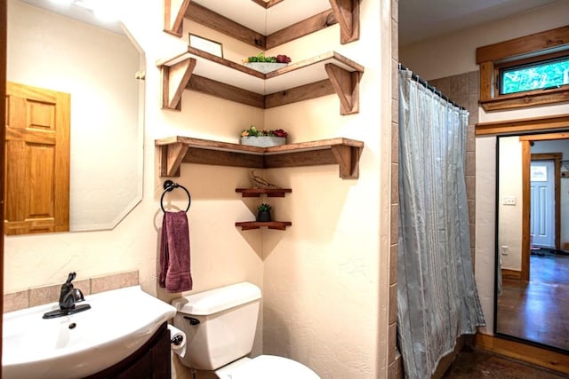 bathroom featuring toilet, vanity, and a shower with shower curtain