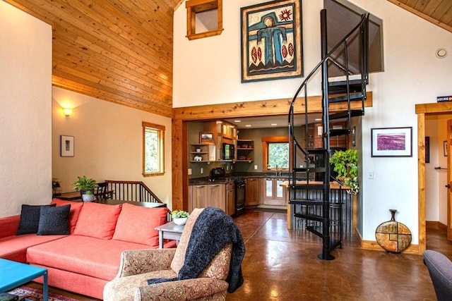 living room featuring high vaulted ceiling, sink, and wooden ceiling