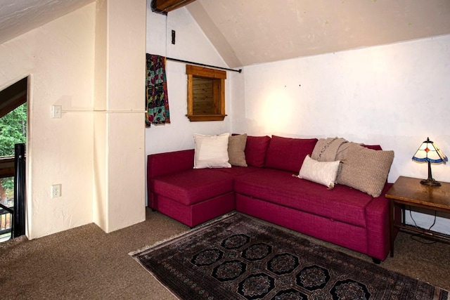 living room featuring vaulted ceiling with beams and carpet flooring