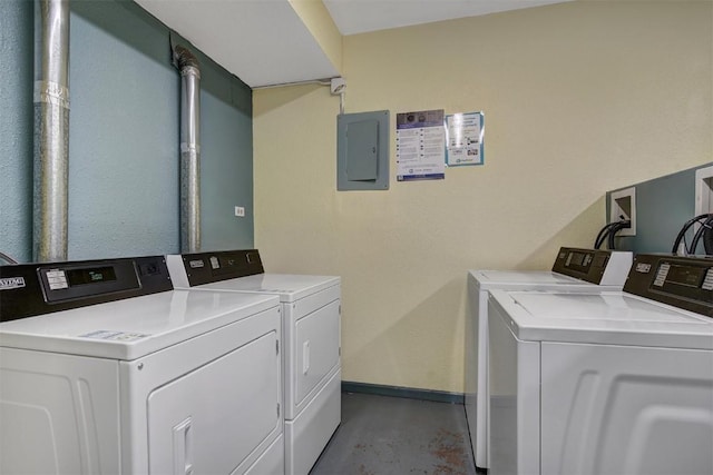 common laundry area featuring baseboards, electric panel, and washer and dryer