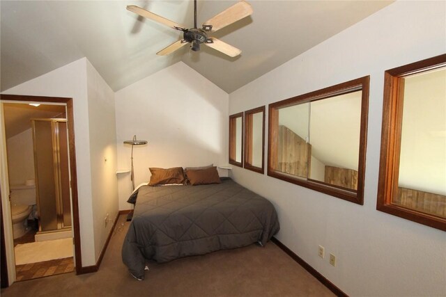 bedroom with lofted ceiling, baseboards, ceiling fan, and carpet