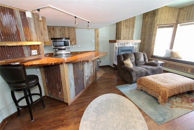 kitchen with stainless steel microwave, a fireplace, wood counters, and dark wood finished floors