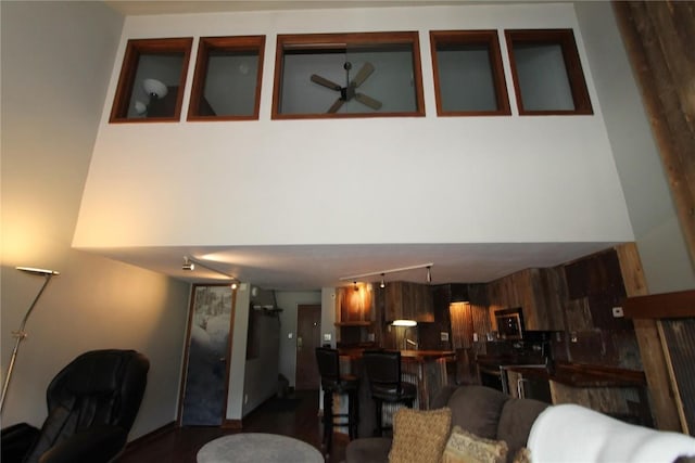 living area featuring a ceiling fan, wood walls, and track lighting