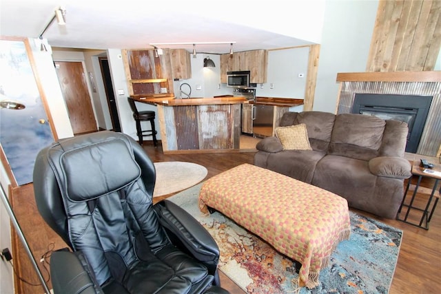 living area with light wood-type flooring, rail lighting, and a glass covered fireplace