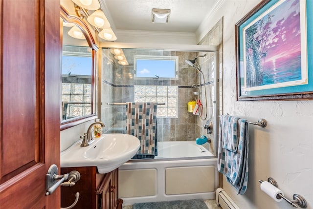 bathroom with vanity, crown molding, and enclosed tub / shower combo