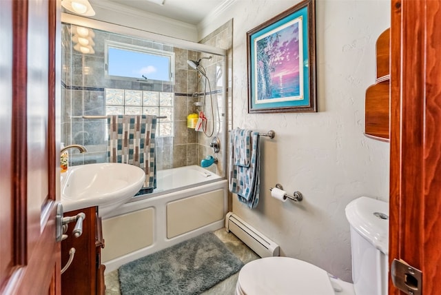 full bathroom featuring ornamental molding, bath / shower combo with glass door, vanity, a baseboard radiator, and toilet