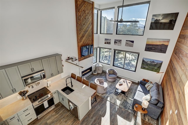 living room featuring ceiling fan, dark hardwood / wood-style floors, sink, and wood walls