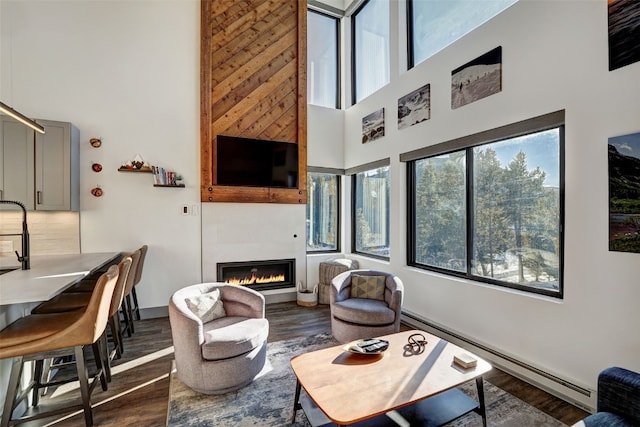 living room with a baseboard heating unit, dark hardwood / wood-style floors, and a towering ceiling