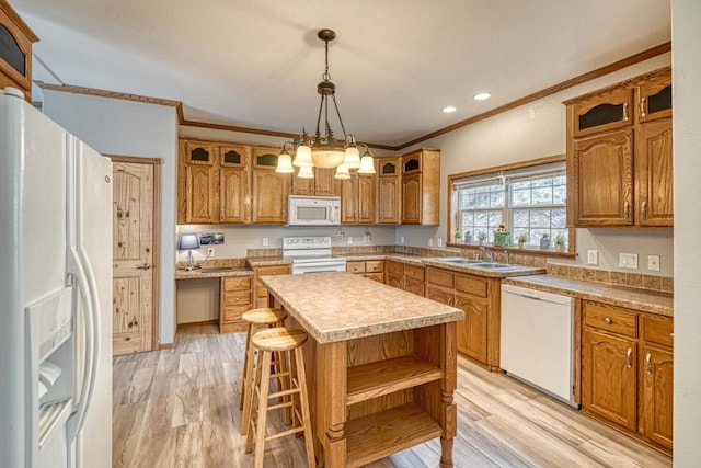 kitchen featuring open shelves, white appliances, brown cabinetry, and light wood-type flooring