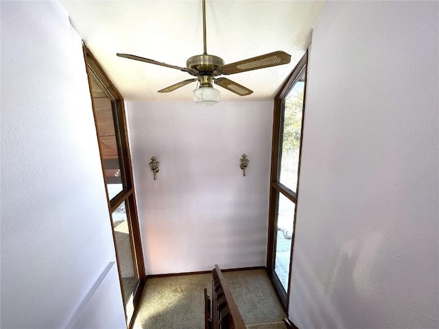 interior space featuring ceiling fan and carpet