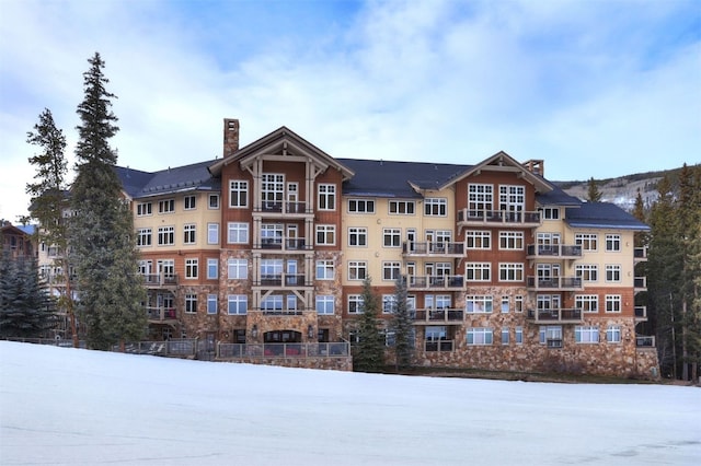 view of snow covered building