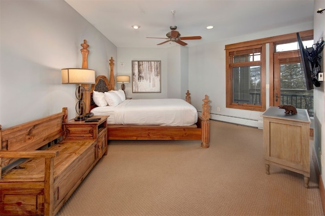 carpeted bedroom with ceiling fan, baseboard heating, and access to exterior