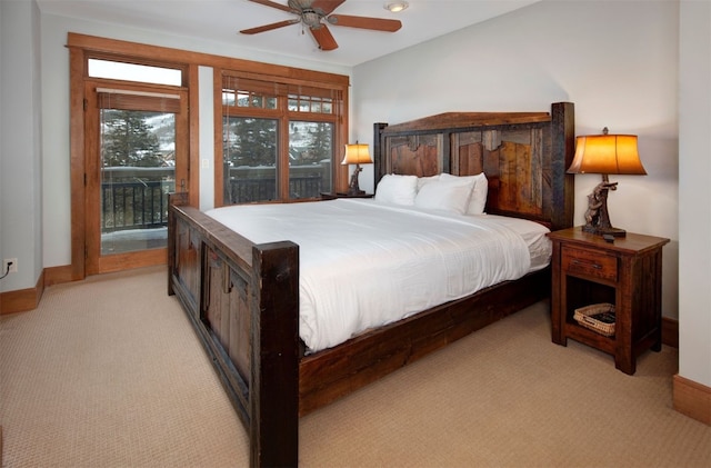 bedroom featuring ceiling fan, light carpet, and access to exterior