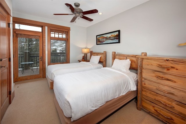 bedroom with light carpet, ceiling fan, and access to outside