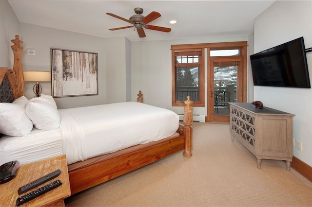 bedroom featuring ceiling fan, a baseboard radiator, access to exterior, and light carpet