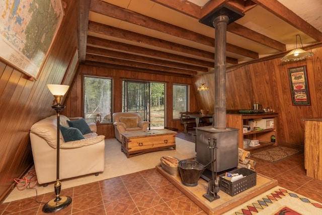 living room with a wood stove and wood walls