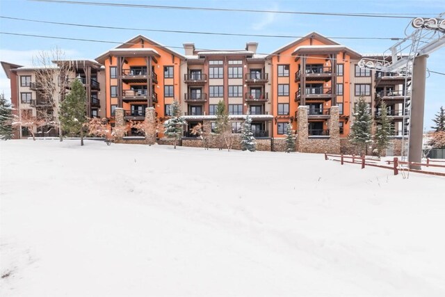 view of snow covered building