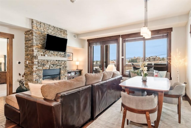 living room with a stone fireplace and wood-type flooring