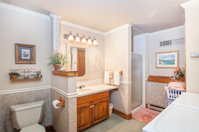 bathroom featuring a shower with shower door, toilet, ornamental molding, and vanity