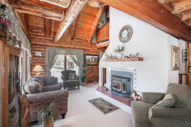 carpeted living room with beam ceiling, wooden ceiling, rustic walls, and high vaulted ceiling