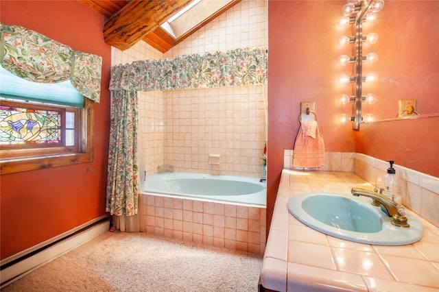 bathroom featuring tiled tub, lofted ceiling with skylight, vanity, and a baseboard radiator