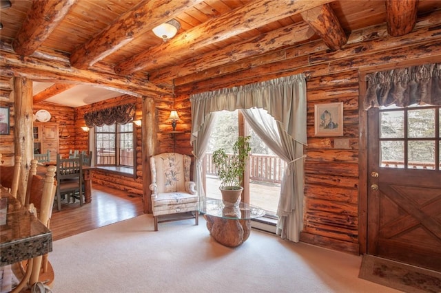 sitting room featuring wooden ceiling, beamed ceiling, and log walls