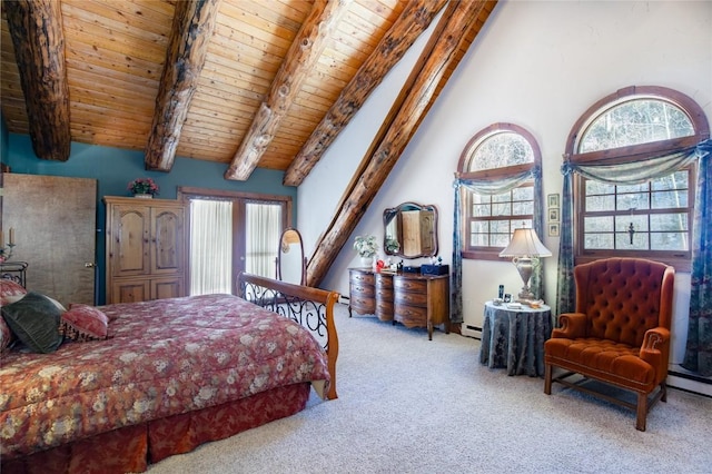 carpeted bedroom featuring lofted ceiling with beams, wooden ceiling, a baseboard radiator, and multiple windows