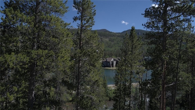 bird's eye view with a water and mountain view