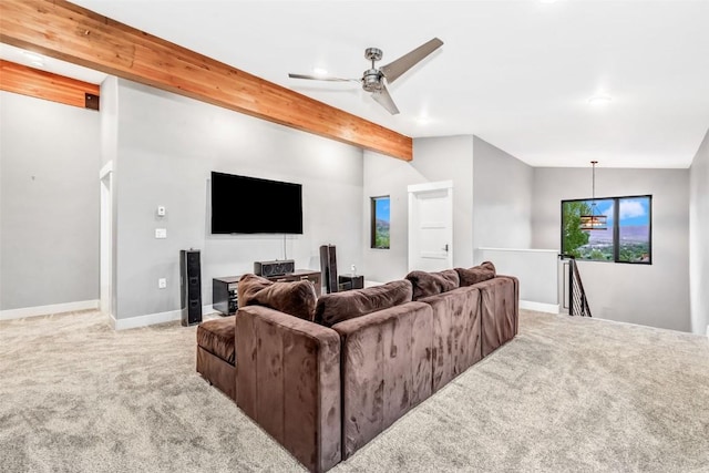 living room featuring light carpet, lofted ceiling with beams, and ceiling fan