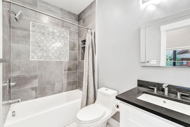 full bathroom featuring shower / bathtub combination with curtain, vanity, and toilet