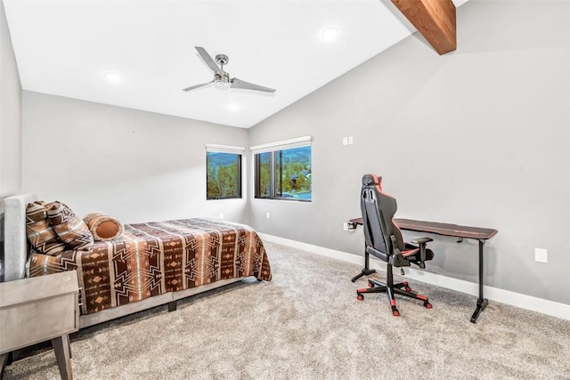 bedroom with vaulted ceiling with beams, ceiling fan, and carpet floors