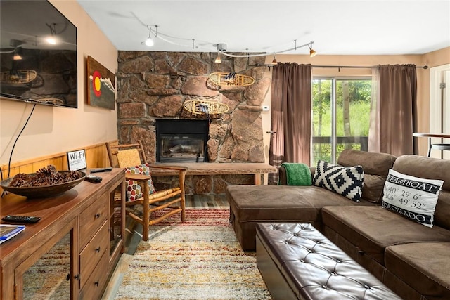 living room with a fireplace, rail lighting, and hardwood / wood-style flooring