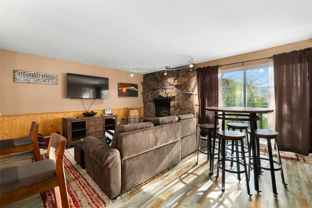 living room featuring a stone fireplace and light wood-type flooring